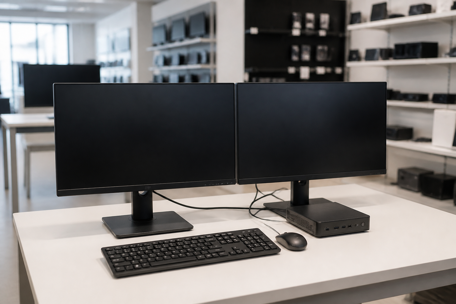 Monitory i stanowisko pracy w salonie